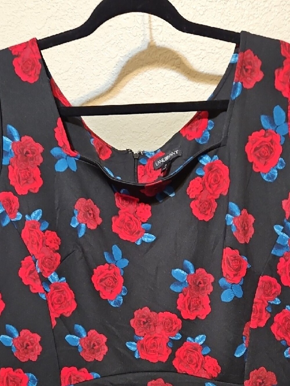 Lane Bryant Black Midi Dress with Red Rose and Blue Leaf Accents - Picture 4 of 10